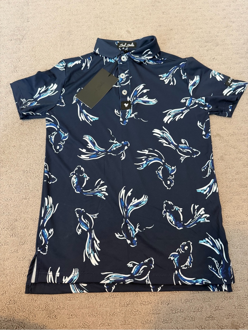 Bad Birdie Youth unisex Nautical Fish Print Golf Polo- Navy & White